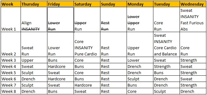 PiYo Schedule